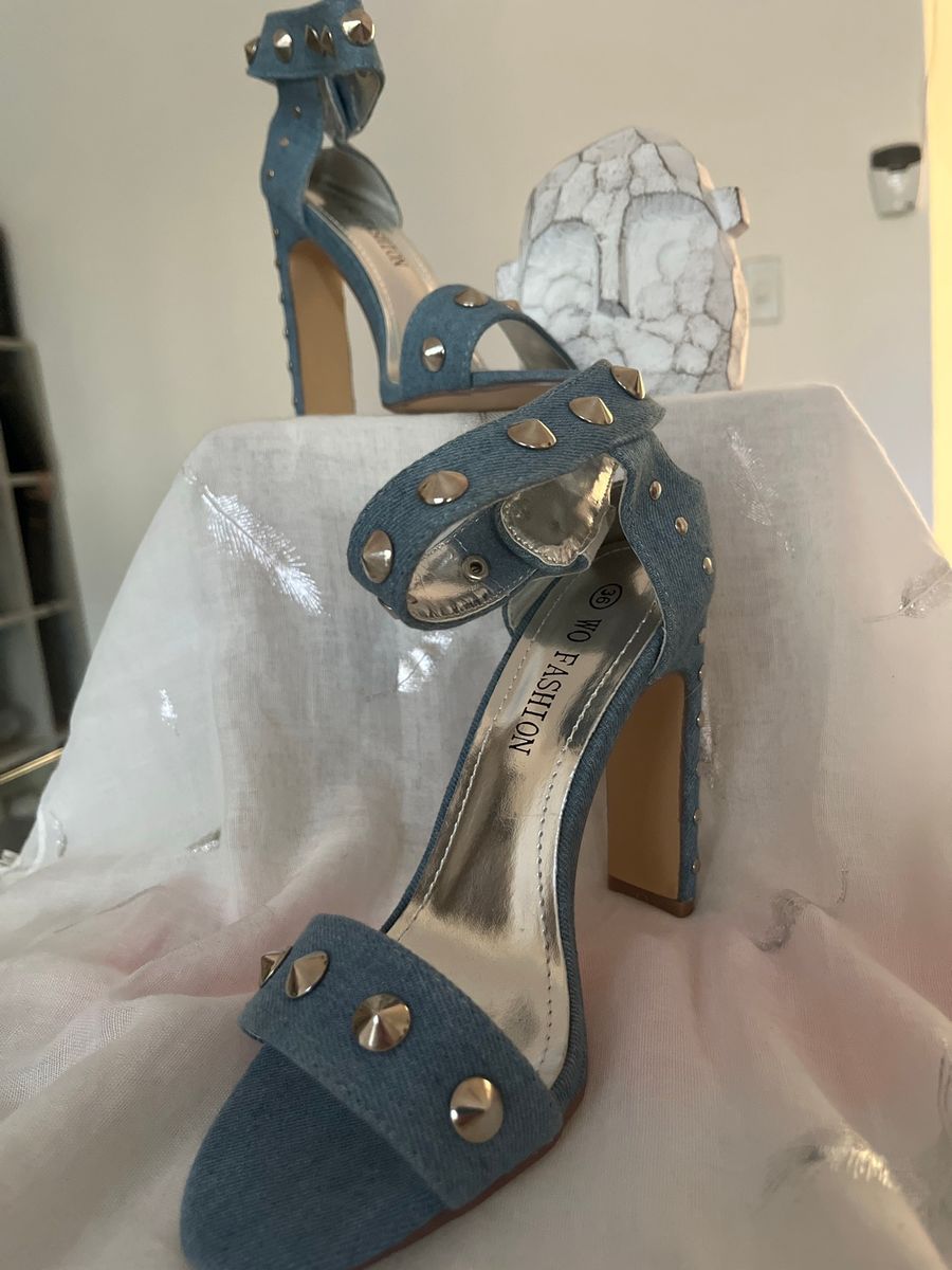 Woo Fashion Light Blue Denim Studded Heels | Size 3